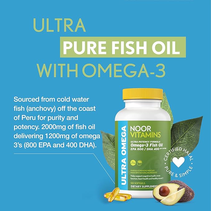 Noor Vitamins Halal Fish Oil, Halal Vitamins, Fish Oil Halal, Ultra Omega 3 Wild Peruvian Fish Oil (800 mg EPA & 400 mg DHA) Heart, Brain & Joint Support, Non-GMO & Gluten Free (120 Count)