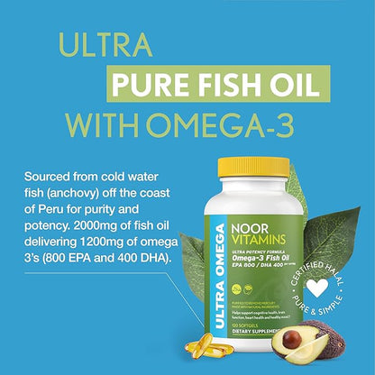 Noor Vitamins Halal Fish Oil, Halal Vitamins, Fish Oil Halal, Ultra Omega 3 Wild Peruvian Fish Oil (800 mg EPA & 400 mg DHA) Heart, Brain & Joint Support, Non-GMO & Gluten Free (120 Count)