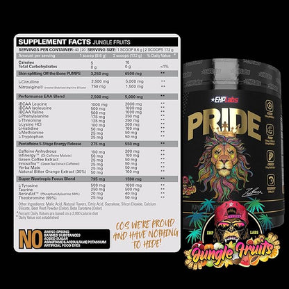 EHP Labs Pride Pre Workout Powder Energy Supplement - Sugar Free Preworkout for Men & Women, Energy Powder Boost Drink with BCAA - 280mg of Caffeine - Jungle Fruits (40 Servings)