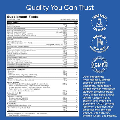 Men's Total Health Pack Daily Multivitamin Supplement, Energy, Stress Support, Krill Oil, 22 Key Vitamins & Minerals, VIT D, C, B12, E, A, B6, K, Biotin, Zinc, Astaxanthin (30 Pack)