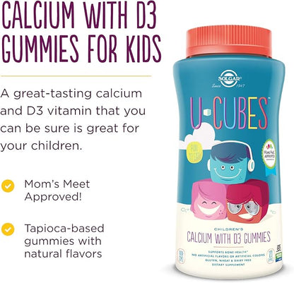Solgar U-Cubes Children's Calcium with Vitamin D3, 120 Gummies - 3 Flavors, Pink Lemonade, Blueberry & Strawberry - Supports Bone & Teeth Health - Non GMO Gluten Free, Dairy Free - 60 Servings