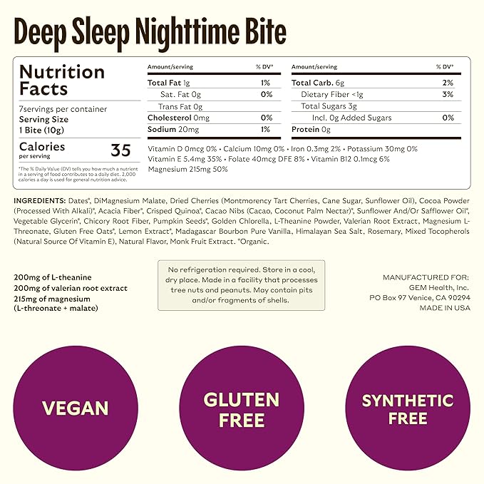 GEM Natural Deep Sleep Aid Nighttime Bite | Melatonin Free, Non-Habit Forming | L-Theanine, Magnesium, Valerian Root Extract | Gluten Free, Soy Free | Earthy Herbal Chocolate Cherry | 28 Servings