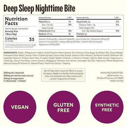 GEM Natural Deep Sleep Aid Nighttime Bite | Melatonin Free, Non-Habit Forming | L-Theanine, Magnesium, Valerian Root Extract | Gluten Free, Soy Free | Earthy Herbal Chocolate Cherry | 28 Servings