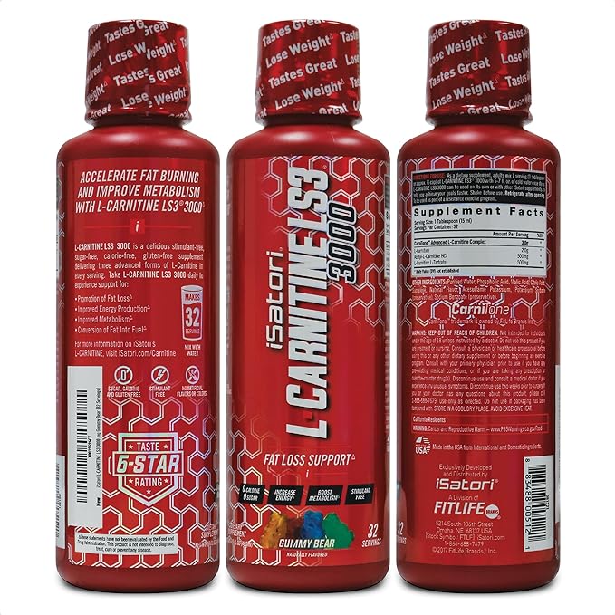 iSatori L-Carnitine LS3 3000, Liquid L-Carnitine with Acetyl L-Carnitine, L-Carnitine L-Tartrate, Stimulant Free Pre Workout, No Calories, Sugar, Gluten, Keto-Friendly, Gummy Bear Flavor (32 Servings)