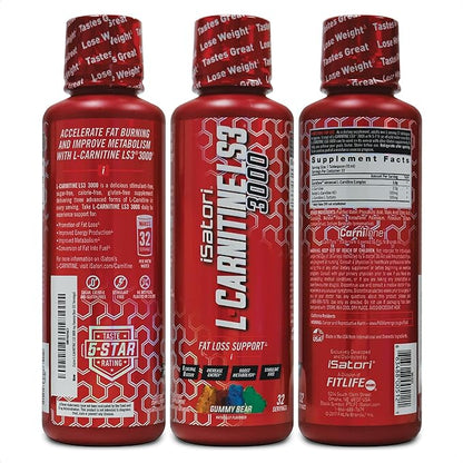 iSatori L-Carnitine LS3 3000, Liquid L-Carnitine with Acetyl L-Carnitine, L-Carnitine L-Tartrate, Stimulant Free Pre Workout, No Calories, Sugar, Gluten, Keto-Friendly, Gummy Bear Flavor (32 Servings)