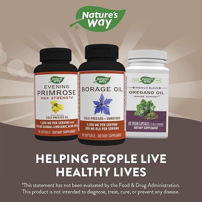 Nature's Way Borage Oil, Cold Pressed & Unrefined, GLA Supplement, 1300mg Per Serving, 60 Softgels