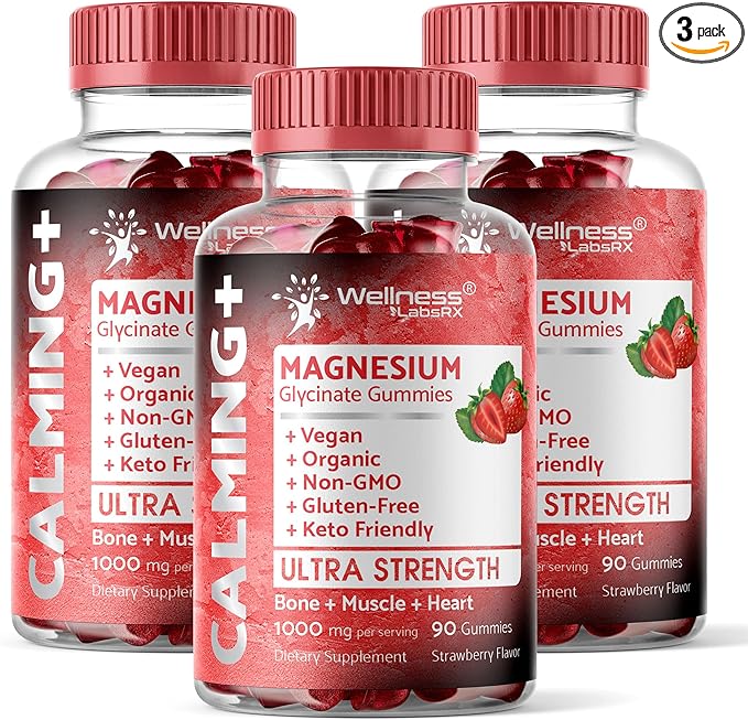 Magnesium Glycinate Gummies - 1000 mg - Magnesium Supplement to Support Relaxation, Stress Relief, Heart Health - Chewable Magnesium Gummies for Adults - Strawberry Flavor - Pack of 3