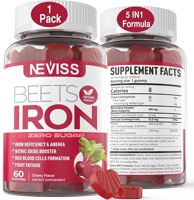 Sugar Free Iron Gummies, w/Beet Root, Vitamin C, B12, Folate for Iron Deficiency, Anemia, Energy Support, Non-Constipating, Gentle Iron Supplement for Women Men, No Rust Aftertaste, Vegan, 1 Pack