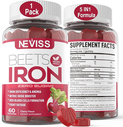 Sugar Free Iron Gummies, w/Beet Root, Vitamin C, B12, Folate for Iron Deficiency, Anemia, Energy Support, Non-Constipating, Gentle Iron Supplement for Women Men, No Rust Aftertaste, Vegan, 1 Pack