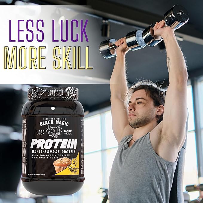 Worldwide Nutrition Bundle: Black Magic Multi-Source Protein Powder - Whey, Egg Albumin Enzymes, Micellar Casein & MCTs - Bodybuilding -Blueberry Muffin Flavor - 2 LB & Multi-Purpose Keychain