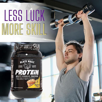 Worldwide Nutrition Bundle: Black Magic Multi-Source Protein Powder - Whey, Egg Albumin Enzymes, Micellar Casein & MCTs - Bodybuilding -Blueberry Muffin Flavor - 2 LB & Multi-Purpose Keychain