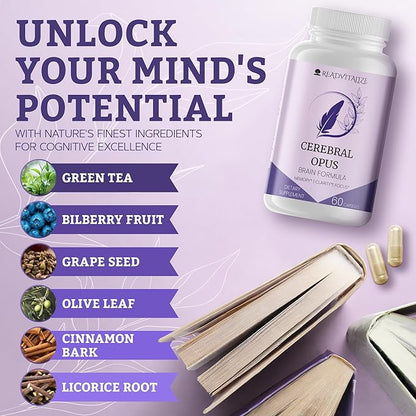 Cerebral Opus Brain Supplements for Memory and Focus - with Vitamin D, Folic Acid & Phosphatidylserine - Advanced Memory Formula to Boost Energy & Reduce Brain Fog (60 Capsules)