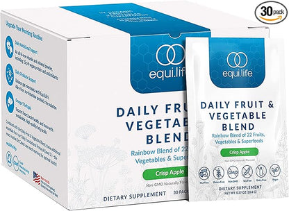 Equilife - Daily Fruit & Vegetable Blend, Fruits and Vegetables Supplements, Vitamin C, 9 Essential Amino Acids, Promotes Energy, Low-Sugar, Easy-to-Use, Vegan, Non-GMO (Crisp Apple, 30 Servings)