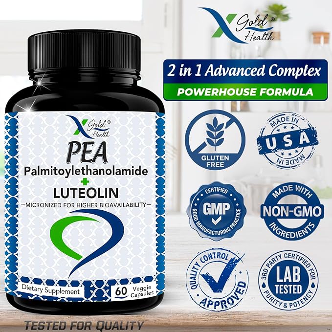Palmitoylethanolamide 630 mg + Luteolin Standardized 98%- Micronized Pea 99% Highly Purified and Bioavailable - Made in USA - Supplement for Men and Women - 60 Veggie Capsules