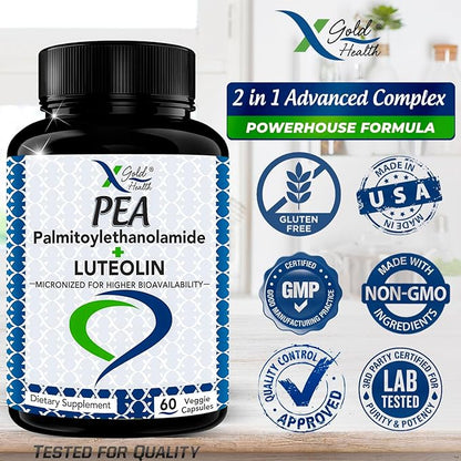 Palmitoylethanolamide 630 mg + Luteolin Standardized 98%- Micronized Pea 99% Highly Purified and Bioavailable - Made in USA - Supplement for Men and Women - 60 Veggie Capsules