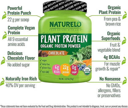 NATURELO Plant Protein Powder, Chocolate, 22g Protein - Non-GMO, Vegan, No Gluten, Dairy, or Soy - No Artificial Flavors, Synthetic Coloring, Preservatives, or Additives - 20 Servings
