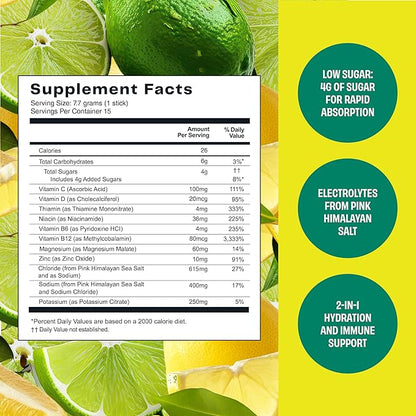 Hydration Replenisher 15 Count - Electrolyte Powder Drink Mix - Lemon Lime - Sodium and Potassium for Rehydrating Plus Vitamins for Support (15 Count)