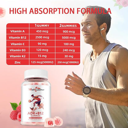 Sugar Free Vitamin ADK+B12 Gummies with Vitamin D3 K2 B12 K2 (MK-7) Chewable Vegan Multivitamin Supplement for Men Women Bone Brain Immune Skin Eye Heart 60 Counts Raspberry Flavored 1 Pack
