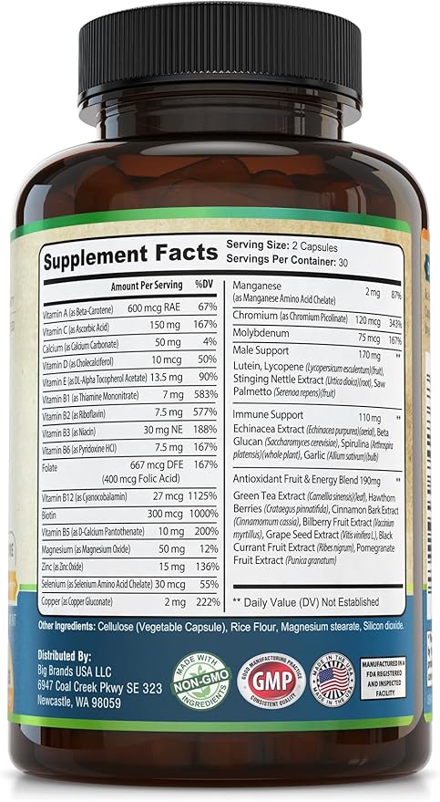 Mens Daily Multivitamin Multimineral Supplement for Energy, Focus, Stamina & Performance. Made for Men with 30+ Nutrients, Fruit & Energy Blend. Mens Vitamins USA Made 60 Capsules