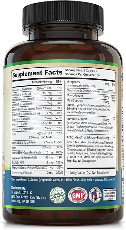 Mens Daily Multivitamin Multimineral Supplement for Energy, Focus, Stamina & Performance. Made for Men with 30+ Nutrients, Fruit & Energy Blend. Mens Vitamins USA Made 60 Capsules