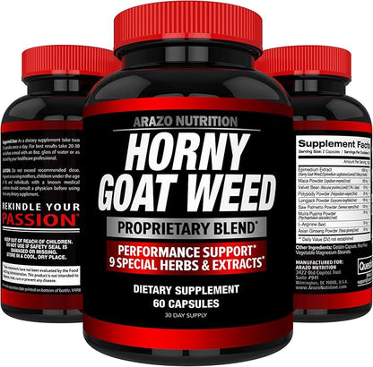 Arazo Nutrition Premium Horny Goat Weed Extract with Maca Root, Ginseng, Muira Puama and L-Arginine - for Men and Women – 100% Pure Herbal Nutritional Supplement