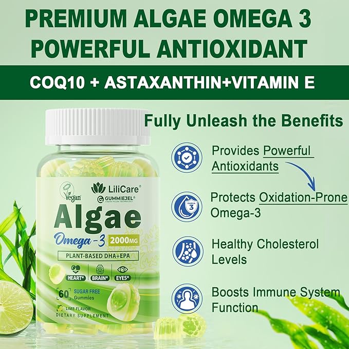 Vegan Omega 3 Supplement Gummies 1100mg, Algae Omega 3 DHA 640mg & EPA 290mg from Marine, with CoQ10, Astaxanthin, Vitamin E, A, D3 for Brain, Eye, Joint, Fish Oil Supplements Alternative, Sugar Free