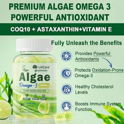 Vegan Omega 3 Supplement Gummies 1100mg, Algae Omega 3 DHA 640mg & EPA 290mg from Marine, with CoQ10, Astaxanthin, Vitamin E, A, D3 for Brain, Eye, Joint, Fish Oil Supplements Alternative, Sugar Free