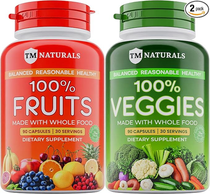 Fruit and Veggies Supplement - Super Greens Men's and Women's Multivitamin -90 Fruit and 90 Vegetables Capsules - Boost High Protein & Energy - 90 Count (Pack of 2) + Travel Size Pill Box
