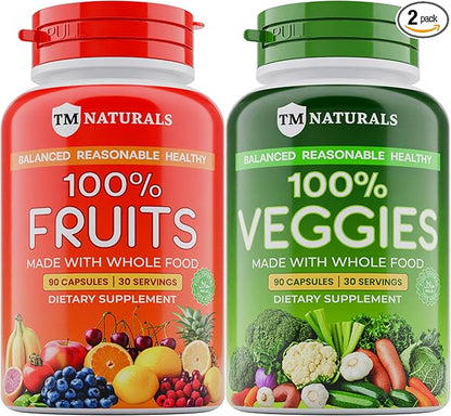 Fruit and Veggies Supplement - Super Greens Men's and Women's Multivitamin -90 Fruit and 90 Vegetables Capsules - Boost High Protein & Energy - 90 Count (Pack of 2) + Travel Size Pill Box