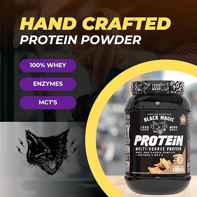 Worldwide Nutrition Bundle: Black Magic Multi-Source Protein Powder Whey, Egg Albumin Enzymes, Micellar Casein & MCTs Muscle Mass Gaining Cinnamon Toast Flavor - 2 LB & Multi-Purpose Keychain