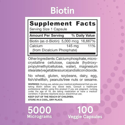Jarrow Formulas Biotin Ultra Strength 5000 mcg, Dietary Supplement, Hair, Skin, and Nails Support, 100 Veggie Capsules, Up to 100 Day Supply