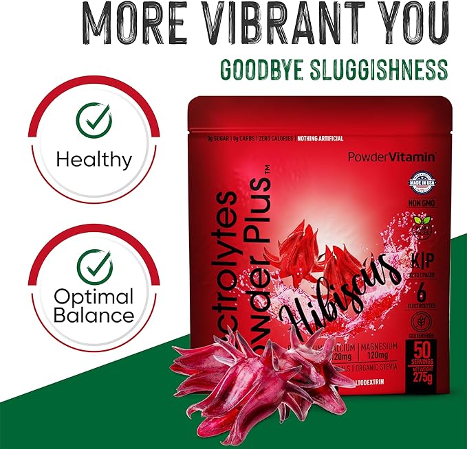 Electrolytes Powder Plus (50 Servings), 0 Calorie Keto, 0 Sugar, No Maltodextrin,1000mg Potassium,120mg Calcium,120mg Magnesium, Hydration Powder (50 Servings, Hibiscus)