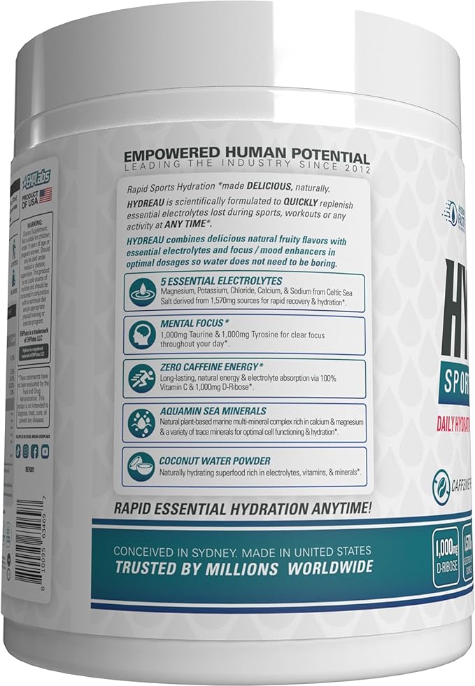 EHP Labs Hydreau Electrolytes Powder No Sugar - Hydration Powder for Endurance & Energy - Electrolyte Powder for Men & Women - Sugar Free Electrolytes - Raspberry Refresh (40 Serves)