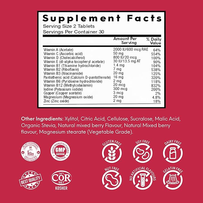 Multivitamin for Men & Women – Multimineral Supplement Supports Immunity, Improves Energy Levels Quick Dissolving Tablets for Vitamin Deficiency – Mixed Berry Flavor (60 Tablets)