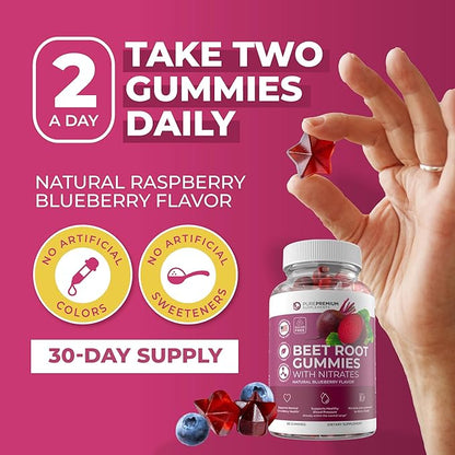 PurePremium Beet Root Gummies - 60 Sugar Free Beet Chews (50:1 Equivalent 1500 mg) - Super Nitric Oxide Gummies - Natural Blueberry Beets Chewables - Beets Supplements for Normal Blood Pressure