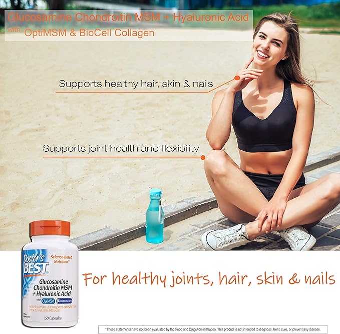 Doctor's Best Glucosamine Chondroitin MSM + Hyaluronic Acid with OptiMSM Featuring Biocell Collagen, Joint Support, Non-GMO, Gluten & Soy Free, 150 Caps