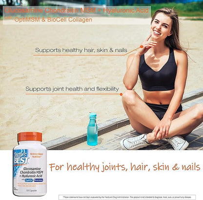 Doctor's Best Glucosamine Chondroitin MSM + Hyaluronic Acid with OptiMSM Featuring Biocell Collagen, Joint Support, Non-GMO, Gluten & Soy Free, 150 Caps