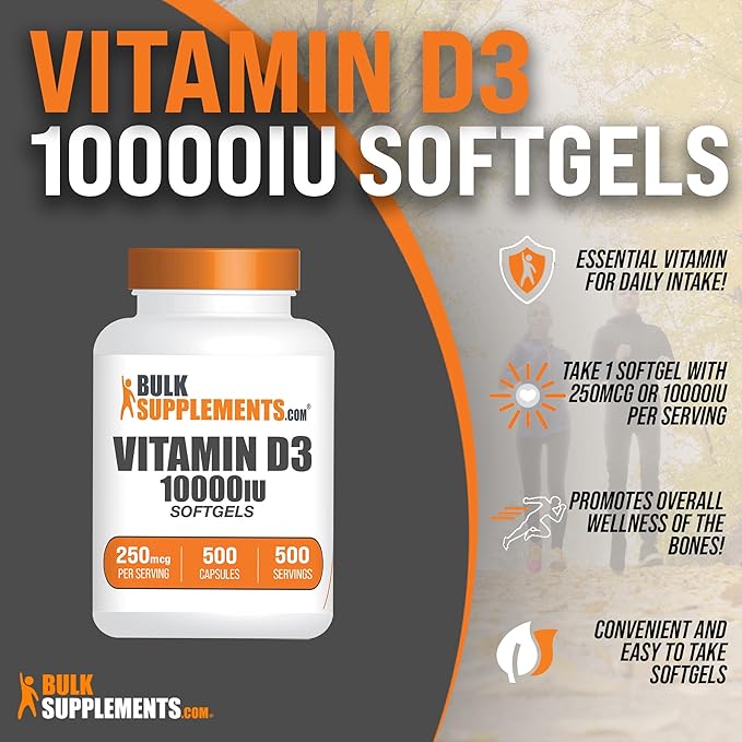BulkSupplements.com Vitamin D3 10000IU Softgels - Cholecalciferol, D3 Supplement, Vitamin D 10000 IU - 1 Vitamin D3 Softgel (250mcg of Vitamin D) per Serving - 500-Day Supply, 500 Softgels