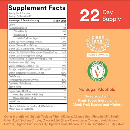 SmartyPants Kids Multivitamin Gummies, Sugar Free: Omega 3 (ALA), Vitamin D3, C, Vitamin B12, B6, Vitamin A, K & Zinc for Immune Support, Erythritol Free, Strawberry Banana, 44 Count (22 Day Supply)