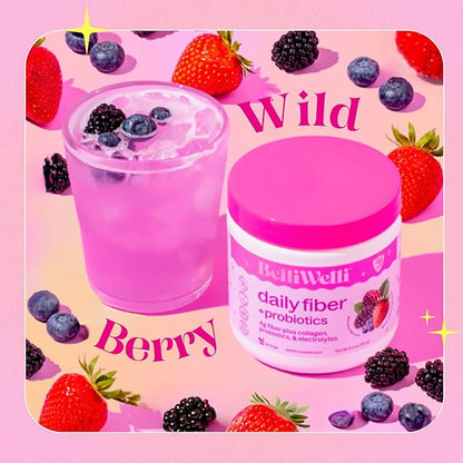 Daily Fiber Supplement Powder with Collagen, Probiotics & Electrolytes | Supports Digestive Health, Gut Balance & Debloating | Wild Berry | 16 Servings