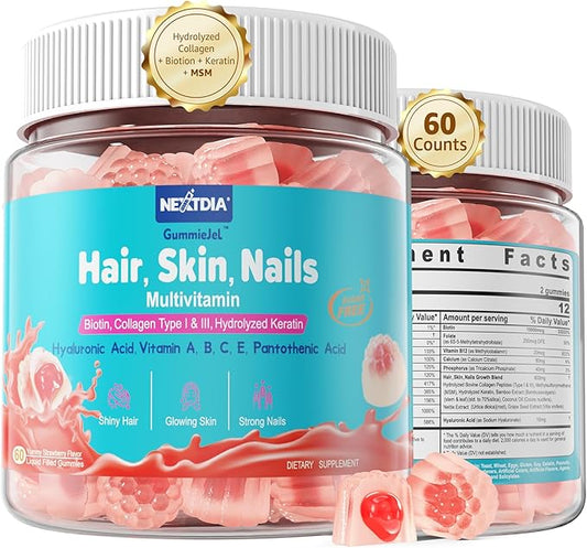 Sugar Free Biotin 1000mcg Collagen Filled Gummies, Multivitamin for Women Hair Skin and Nails Vitamins for Hair Growth, with Hydrolyzed Collagen Peptide hyaluronic Acid MSM Vitamin A C D3 E B Complex