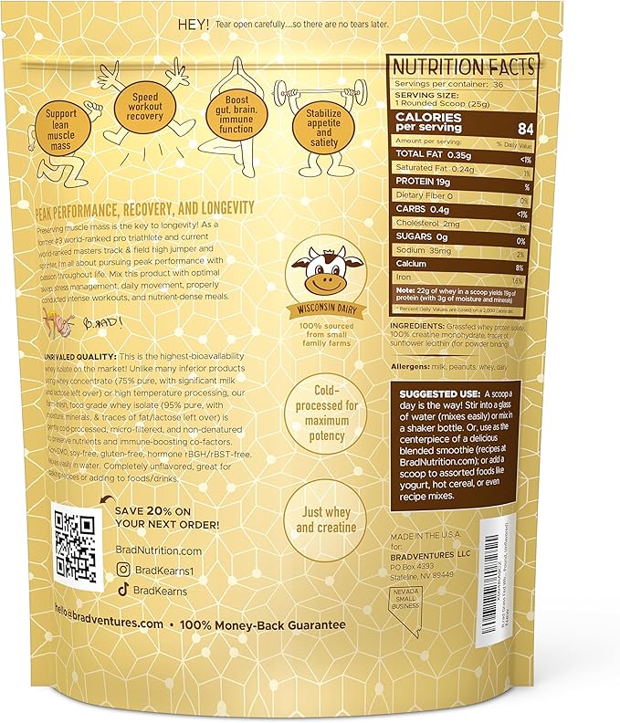 B.rad Grass Fed Whey Protein Isolate Powder with Creatine | Ultra-Pure, All-Natural Clean Ingredients | Superfuel with Whey and Creatine | 100% USA Sourced | Unflavored