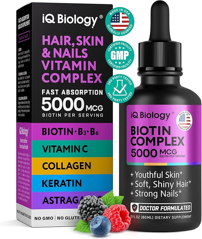 Liquid Biotin 5000mcg Drops – 80,000mcg Hair Growth Vitamins Complex with Astragalus, Collagen & Keratin | Made in the USA | Extra Strength Hair Skin and Nails Vitamins - Hair Vitamins for Women & Men