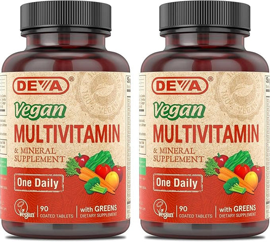 DEVA Vegan Multivitamin & Mineral Supplement - Vegan Formula with Green Whole Foods, Veggies, and Herbs - High Potency - Manufactured in USA and 100% Vegan - 90 Count (Pack of 2)