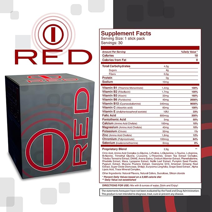 Energy Drink Powder, Red for Men 30 Drink Mix Packets. Energy Drink Packets Specially Tailored for Men. Energy Powder Drink Mix Designed to Purify and Energize The Body