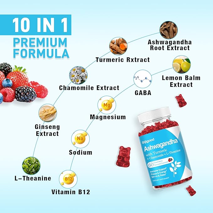 Ashwagandha Gummies with L-theanine, 2500mg Ashwa Root Supplement Gummy for Women Men, 60 Mixed Berry Flavored Gummies