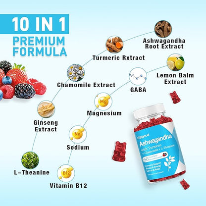 Ashwagandha Gummies with L-theanine, 2500mg Ashwa Root Supplement Gummy for Women Men, 60 Mixed Berry Flavored Gummies