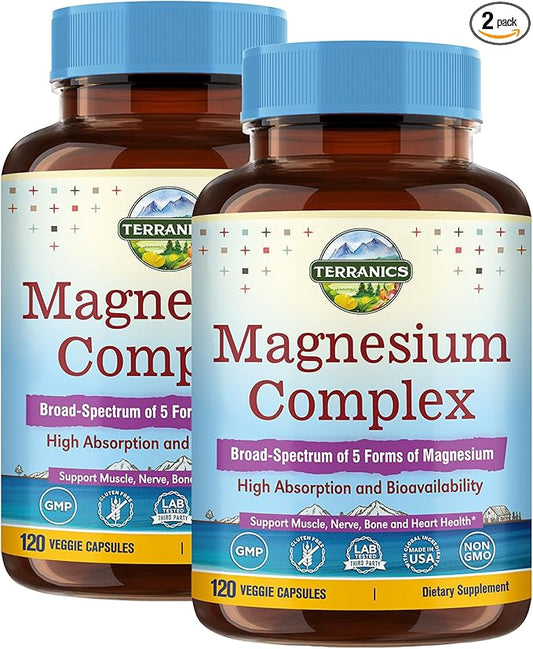 Terranics 5-in-1 Magnesium Complex Supplement 500mg - 5 Forms High Absorption Magnesium Glycinate Citrate Malate Aspartate Gluconate for Sleep Muscle Heart Health - Non-GMO 240 Vegan Capsules