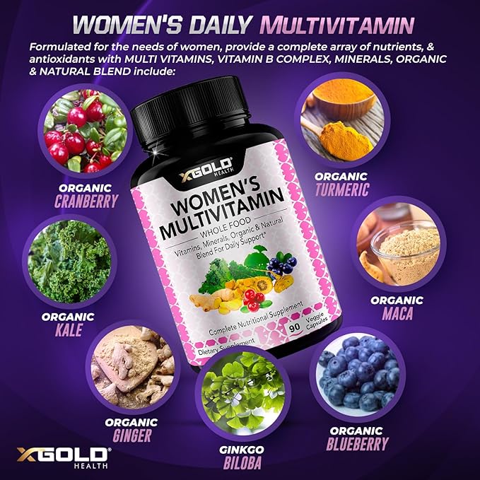 Vegan Women's Daily Multivitamin 50 Plus with Organic WholeFood Based Natural Ingredients, Ginger, Maca, Multi-Vitamin B Complex & More - Energy Support, Immune System Booster -90 Capsules