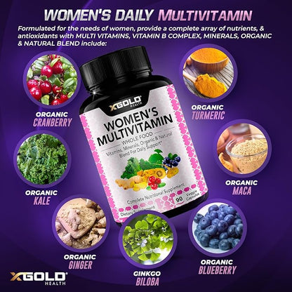 Vegan Women's Daily Multivitamin 50 Plus with Organic WholeFood Based Natural Ingredients, Ginger, Maca, Multi-Vitamin B Complex & More - Energy Support, Immune System Booster -90 Capsules